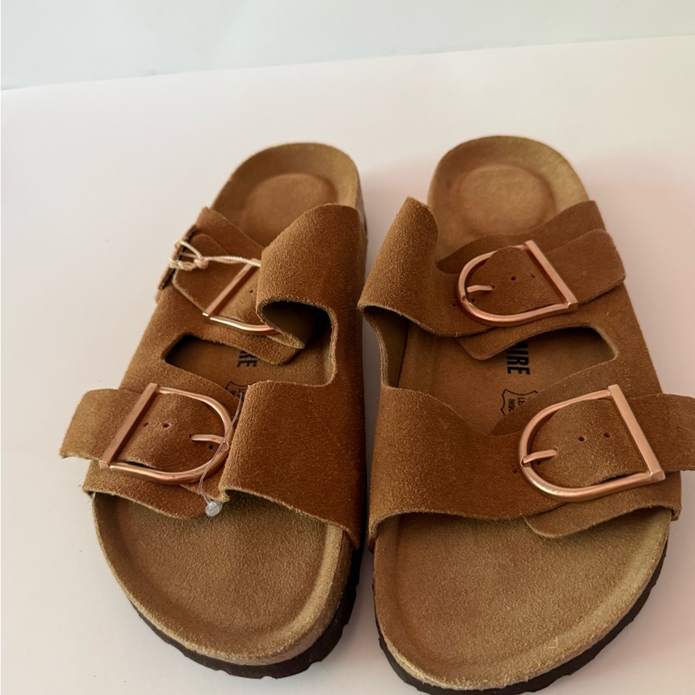 Cushionaire Genuine Leather Double-Buckle Women's Sandals in Brown Women’s 9